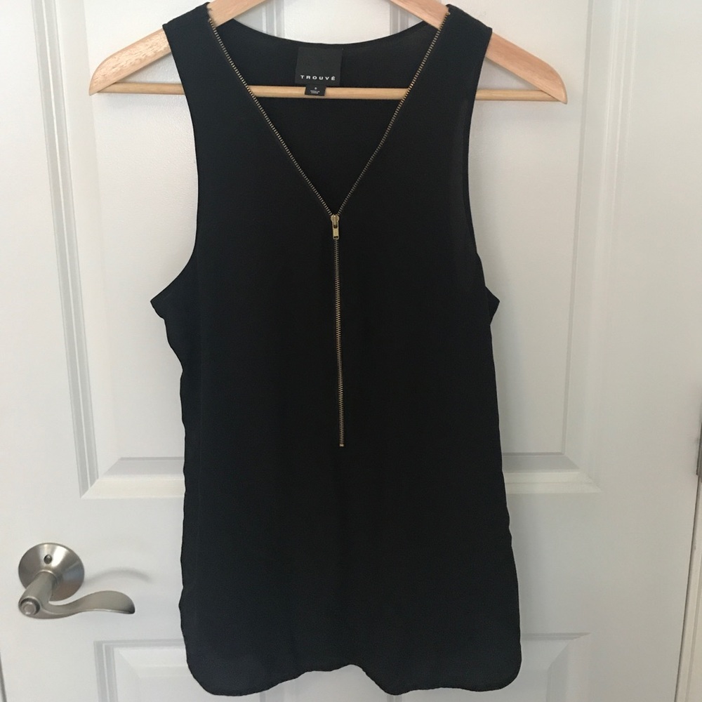 Trouve Black Zip Front Silk Tank